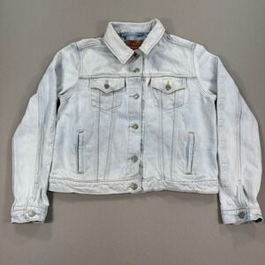 Levis Denim Trucker Jacket‎ Womens XL Light Wash Classic Fit Embroidered Sleeves